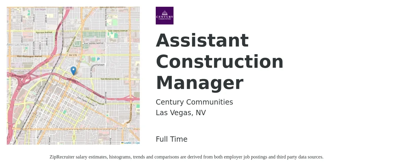 Century Communities job posting for a Assistant Construction Manager in Las Vegas, NV with a salary of $61,100 to $86,900 Yearly with a map of Las Vegas location.