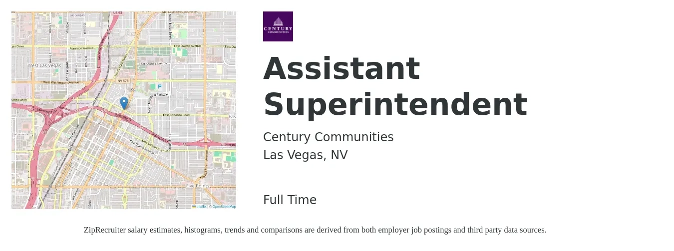 Century Communities job posting for a Assistant Superintendent in Las Vegas, NV with a salary of $61,100 to $86,900 Yearly with a map of Las Vegas location.
