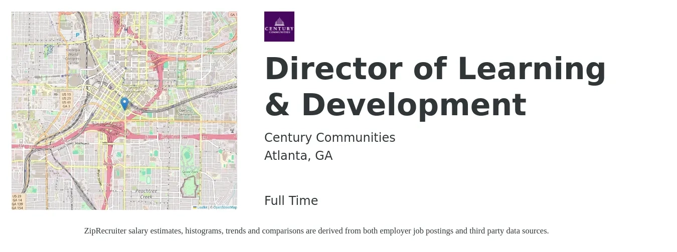 Century Communities job posting for a Director of Learning & Development in Atlanta, GA with a salary of $88,800 to $130,000 Yearly with a map of Atlanta location.