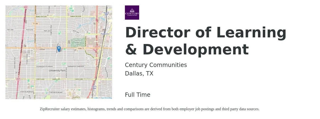 Century Communities job posting for a Director of Learning & Development in Dallas, TX with a salary of $89,500 to $131,100 Yearly with a map of Dallas location.