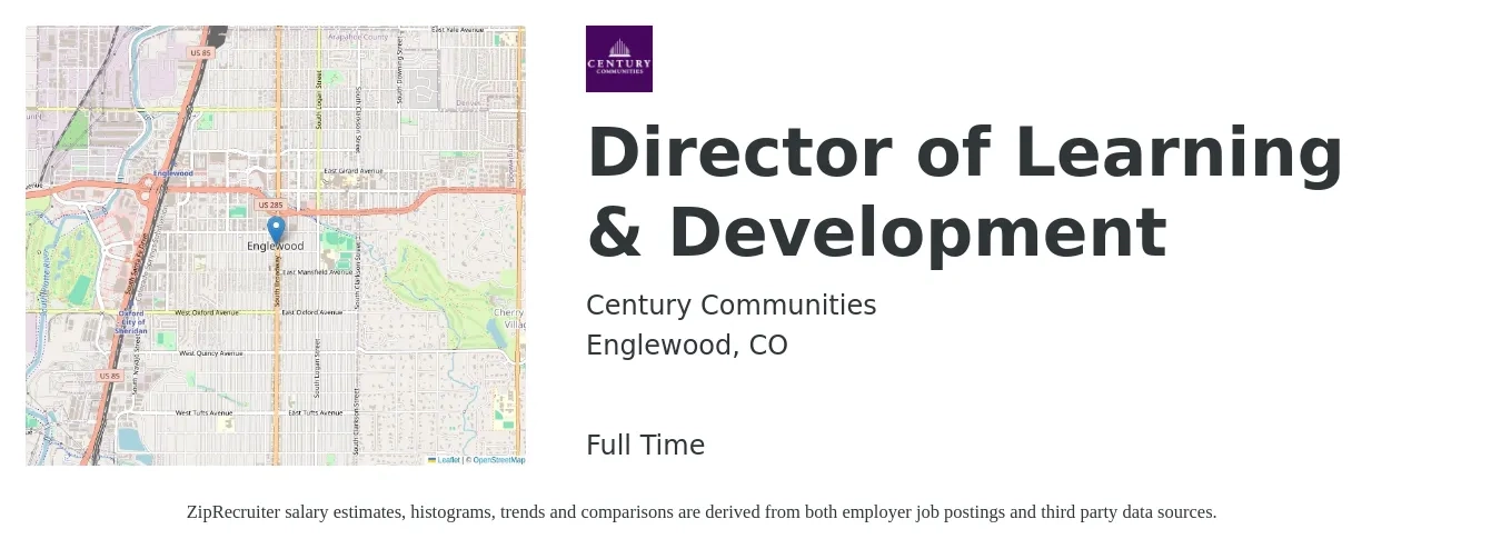 Century Communities job posting for a Director of Learning & Development in Englewood, CO with a salary of $89,400 to $130,800 Yearly with a map of Englewood location.