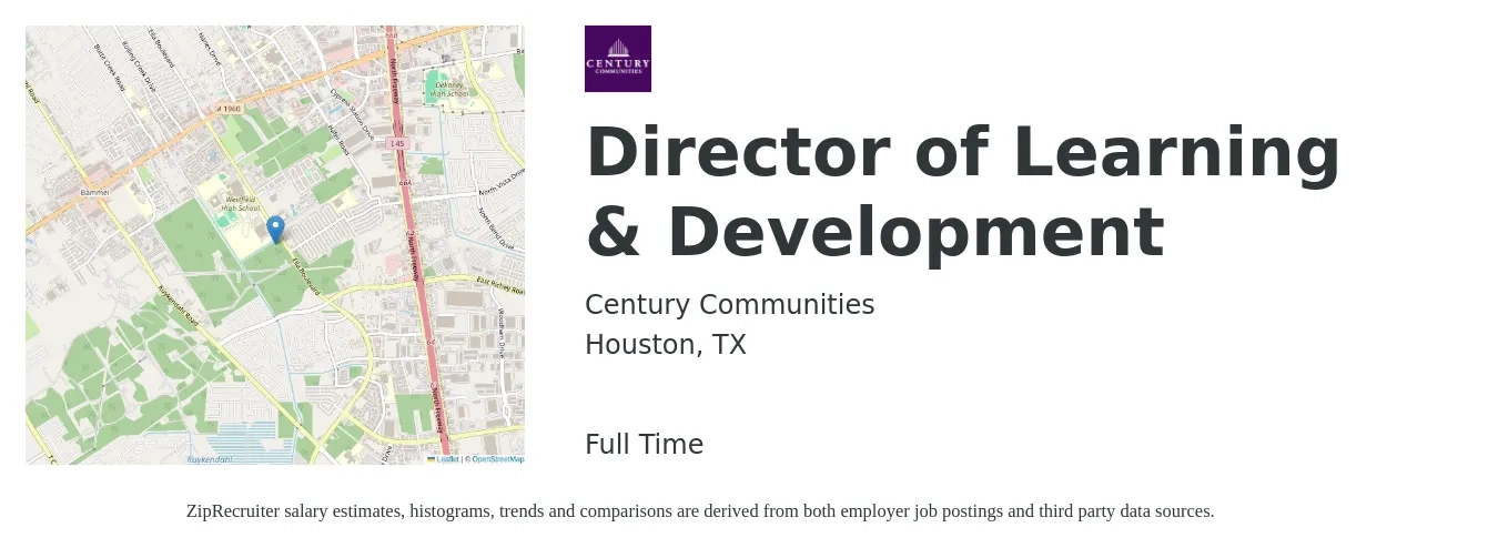 Century Communities job posting for a Director of Learning & Development in Houston, TX with a salary of $78,200 to $114,500 Yearly with a map of Houston location.