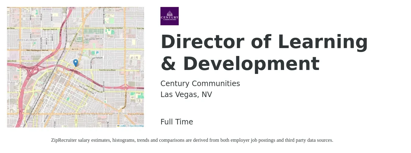 Century Communities job posting for a Director of Learning & Development in Las Vegas, NV with a salary of $86,400 to $126,500 Yearly with a map of Las Vegas location.