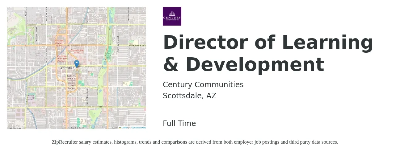 Century Communities job posting for a Director of Learning & Development in Scottsdale, AZ with a salary of $91,100 to $133,300 Yearly with a map of Scottsdale location.