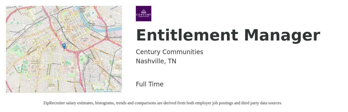 Century Communities job posting for a Entitlement Manager in Nashville, TN with a salary of $81,700 to $112,100 Yearly with a map of Nashville location.