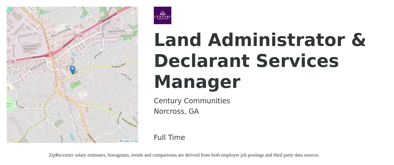 Century Communities job posting for a Land Administrator & Declarant Services Manager in Norcross, GA with a salary of $79,200 to $108,800 Yearly with a map of Norcross location.