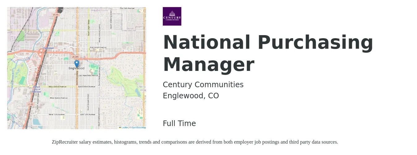 Century Communities job posting for a National Purchasing Manager in Englewood, CO with a salary of $64,200 to $98,700 Yearly with a map of Englewood location.