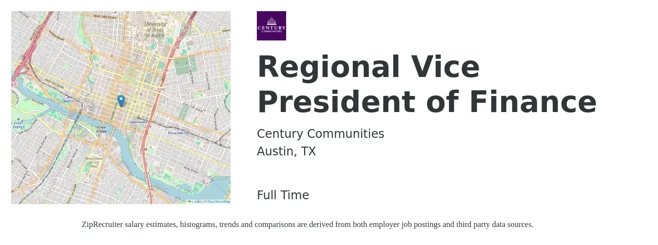 Century Communities job posting for a Regional Vice President of Finance in Austin, TX with a salary of $131,900 to $191,800 Yearly with a map of Austin location.