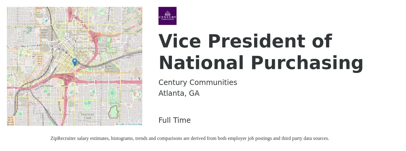 Century Communities job posting for a Vice President of National Purchasing in Atlanta, GA with a salary of $127,500 to $190,300 Yearly with a map of Atlanta location.