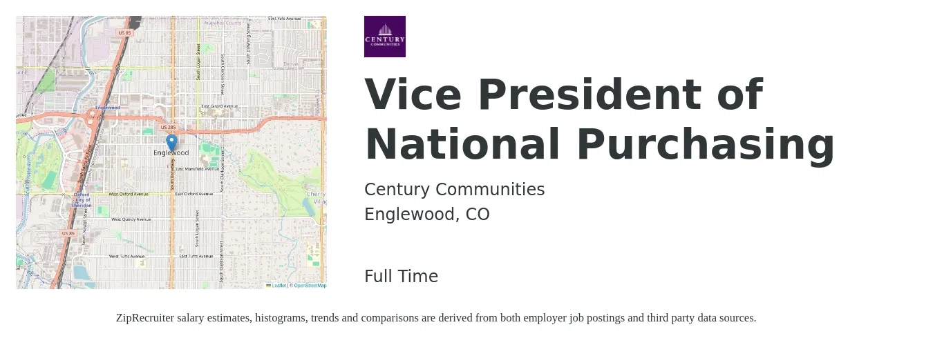 Century Communities job posting for a Vice President of National Purchasing in Englewood, CO with a salary of $128,400 to $191,600 Yearly with a map of Englewood location.