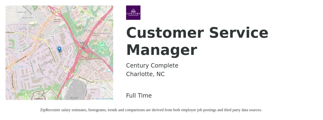 Century Complete job posting for a Customer Service Manager in Charlotte, NC with a salary of $38,000 to $64,900 Yearly with a map of Charlotte location.