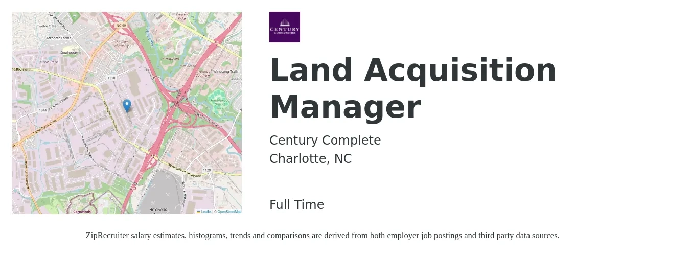 Century Complete job posting for a Land Acquisition Manager in Charlotte, NC with a salary of $83,900 to $118,700 Yearly with a map of Charlotte location.