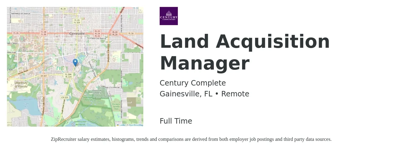 Century Complete job posting for a Land Acquisition Manager in Gainesville, FL with a salary of $82,000 to $116,000 Yearly with a map of Gainesville location.