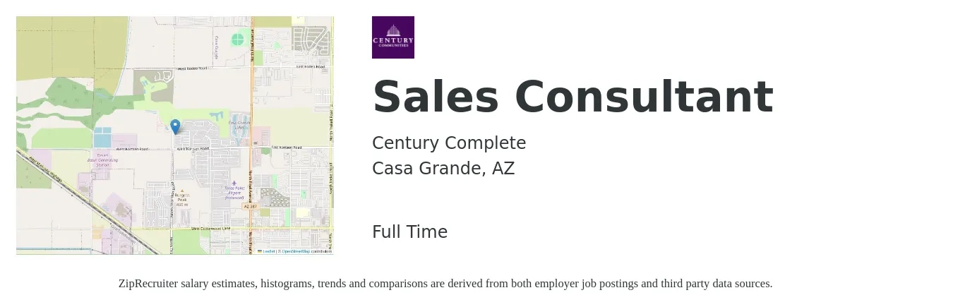 Century Complete job posting for a Sales Consultant in Casa Grande, AZ with a salary of $38,400 to $75,500 Yearly with a map of Casa Grande location.