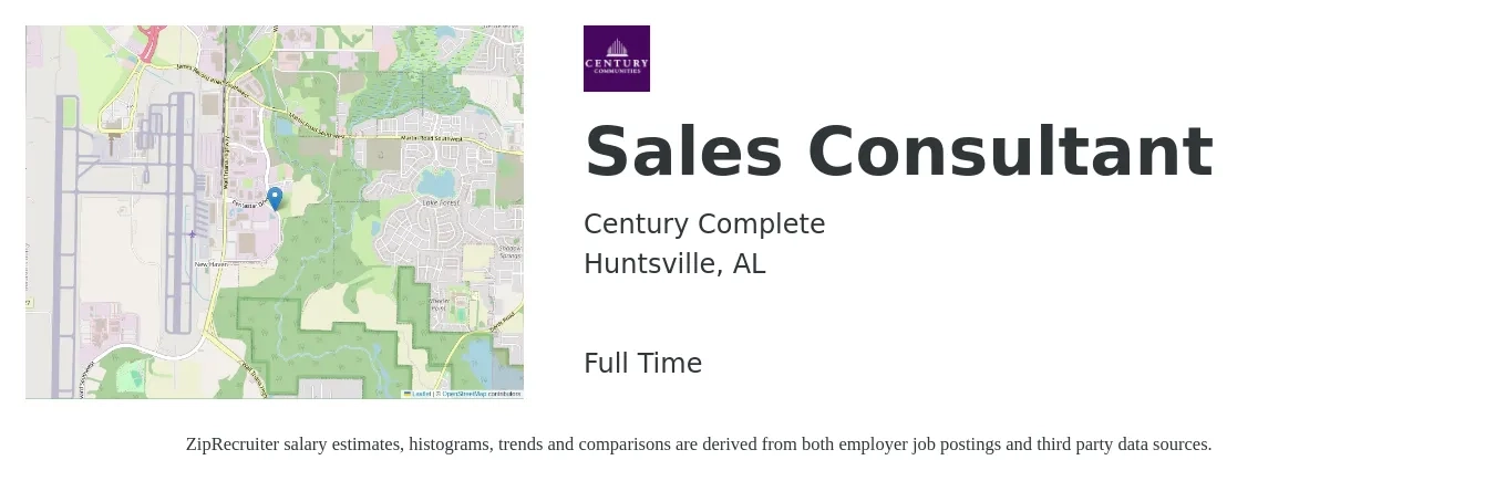 Century Complete job posting for a Sales Consultant in Huntsville, AL with a salary of $40,200 to $78,800 Yearly with a map of Huntsville location.