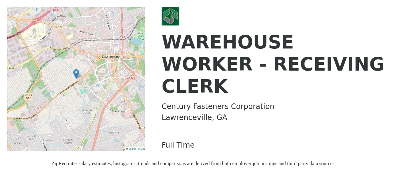 Century Fasteners Corporation job posting for a WAREHOUSE WORKER - RECEIVING CLERK in Lawrenceville, GA with a salary of $14 to $17 Hourly with a map of Lawrenceville location.