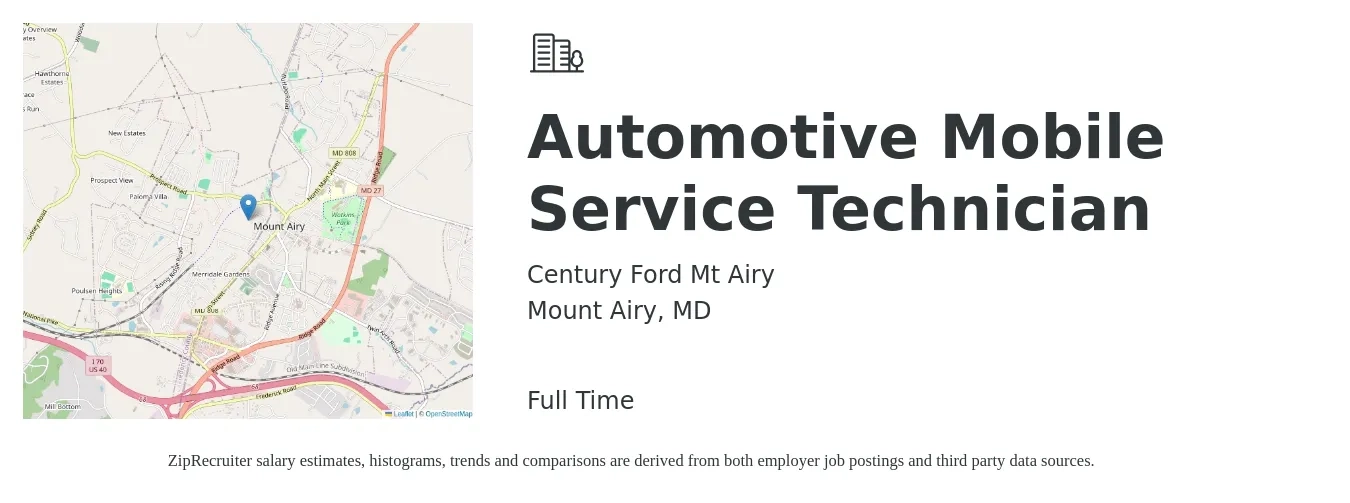 Century Ford Mt Airy job posting for a Automotive Mobile Service Technician in Mount Airy, MD with a salary of $18 to $30 Hourly with a map of Mount Airy location.