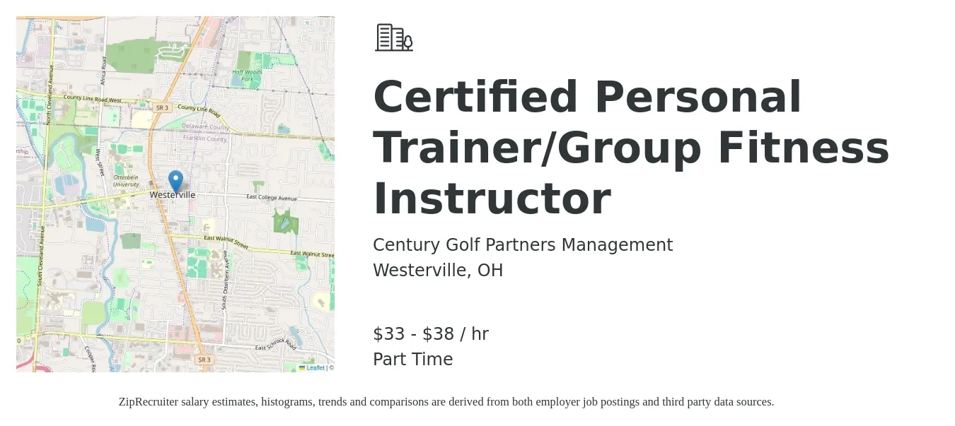 Century Golf Partners Management job posting for a Certified Personal Trainer/Group Fitness Instructor in Westerville, OH with a salary of $35 to $40 Hourly with a map of Westerville location.