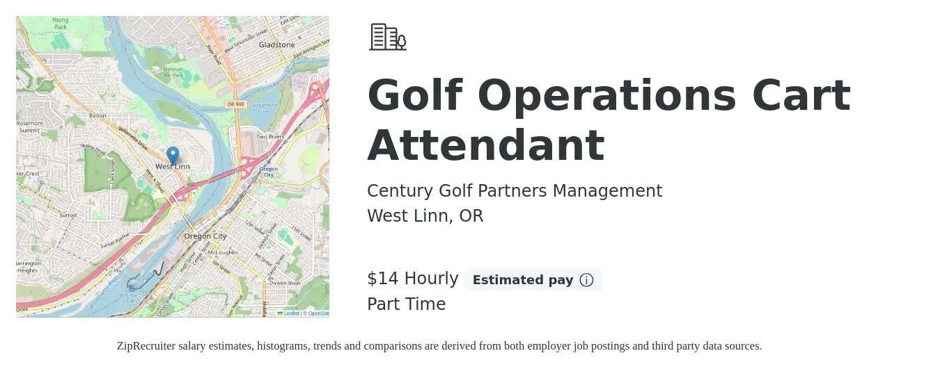 Century Golf Partners Management job posting for a Golf Operations Cart Attendant in West Linn, OR with a salary of $15 Hourly with a map of West Linn location.