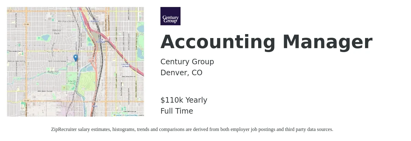 Century Group job posting for a Accounting Manager in Denver, CO with a salary of $90,000 to $125,000 Yearly with a map of Denver location.