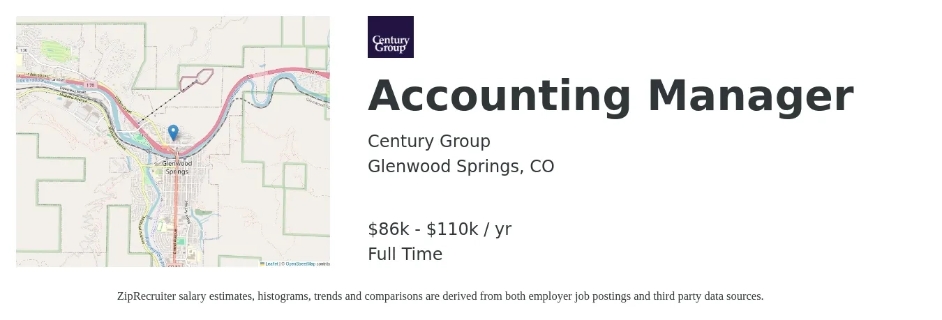 Century Group job posting for a Accounting Manager in Glenwood Springs, CO with a salary of $86,000 to $110,000 Yearly with a map of Glenwood Springs location.