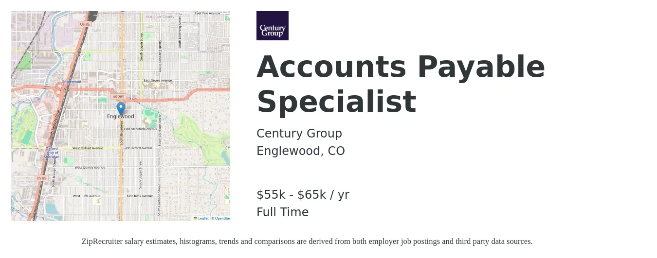 Century Group job posting for a Accounts Payable Specialist in Englewood, CO with a salary of $23 to $25 Hourly with a map of Englewood location.