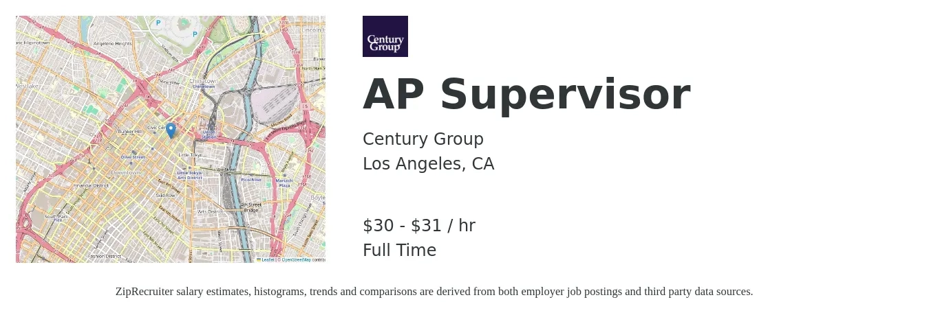 Century Group job posting for a AP Supervisor in Los Angeles, CA with a salary of $40 to $42 Hourly with a map of Los Angeles location.