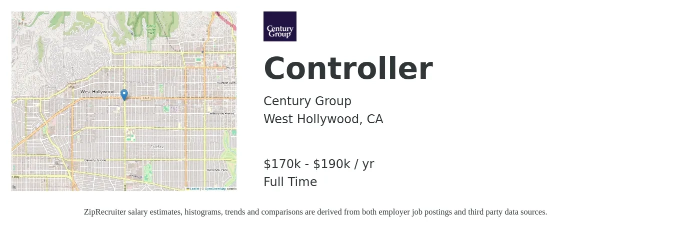 Century Group job posting for a Controller in West Hollywood, CA with a salary of $170,000 to $190,000 Yearly with a map of West Hollywood location.