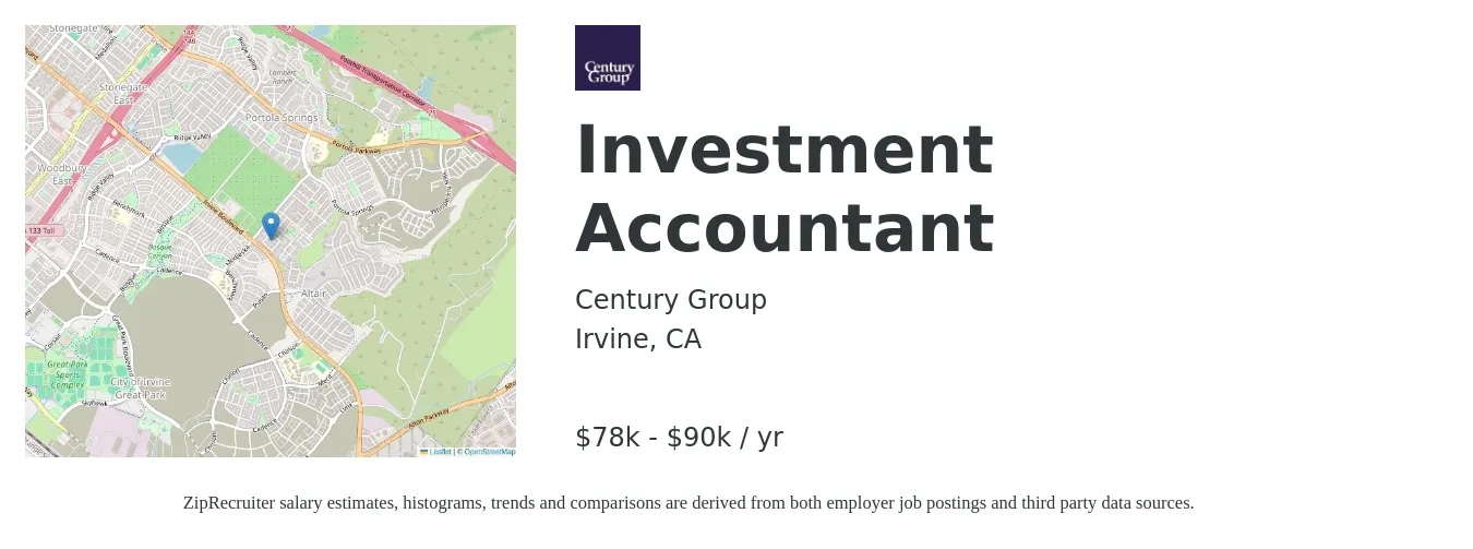 Century Group job posting for a Investment Accountant in Irvine, CA with a salary of $78,000 to $90,000 Yearly with a map of Irvine location.