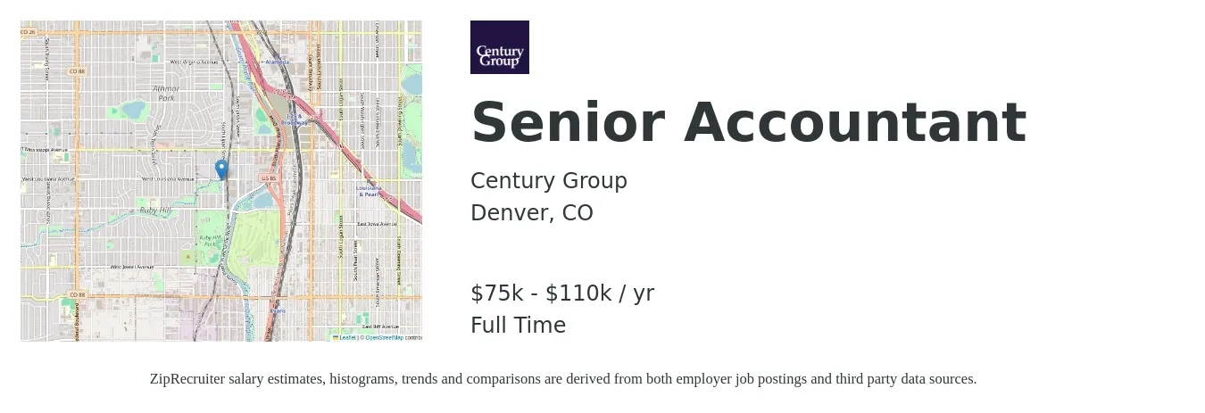 Century Group job posting for a Senior Accountant in Denver, CO with a salary of $75,000 to $110,000 Yearly with a map of Denver location.