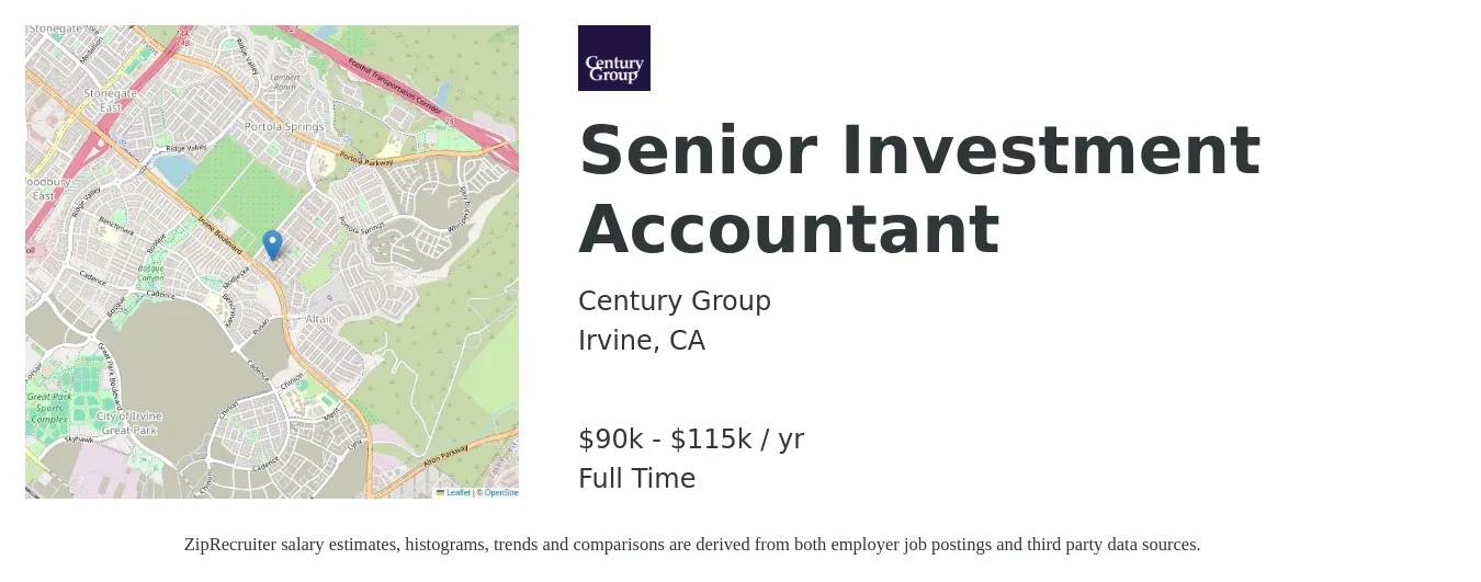 Century Group job posting for a Senior Investment Accountant in Irvine, CA with a salary of $90,000 to $115,000 Yearly with a map of Irvine location.