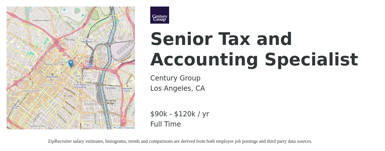 Century Group job posting for a Senior Tax and Accounting Specialist in Los Angeles, CA with a salary of $90,000 to $120,000 Yearly with a map of Los Angeles location.