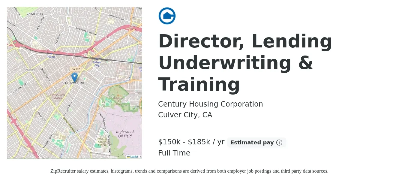Century Housing Corporation job posting for a Director, Lending Underwriting & Training in Culver City, CA with a salary of $150,000 to $185,000 Yearly with a map of Culver City location.