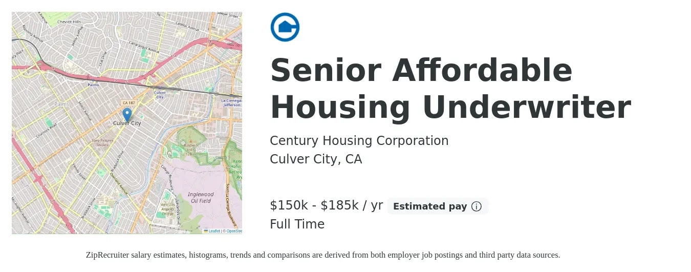 Century Housing Corporation job posting for a Senior Affordable Housing Underwriter in Culver City, CA with a salary of $150,000 to $185,000 Yearly with a map of Culver City location.