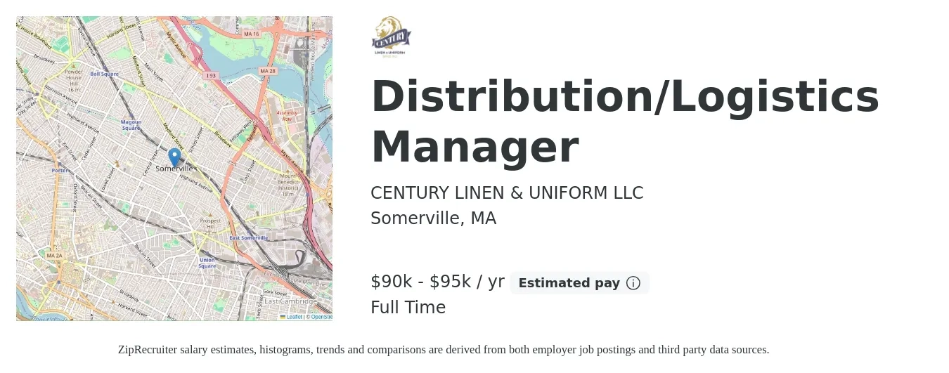 CENTURY LINEN & UNIFORM LLC job posting for a Distribution/Logistics Manager in Somerville, MA with a salary of $90,000 to $95,000 Yearly with a map of Somerville location.