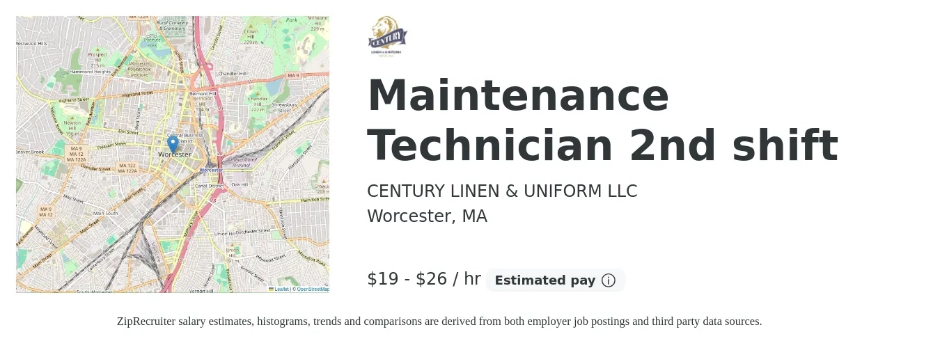 CENTURY LINEN & UNIFORM LLC job posting for a Maintenance Technician 2nd shift in Worcester, MA with a salary of $20 to $28 Hourly with a map of Worcester location.