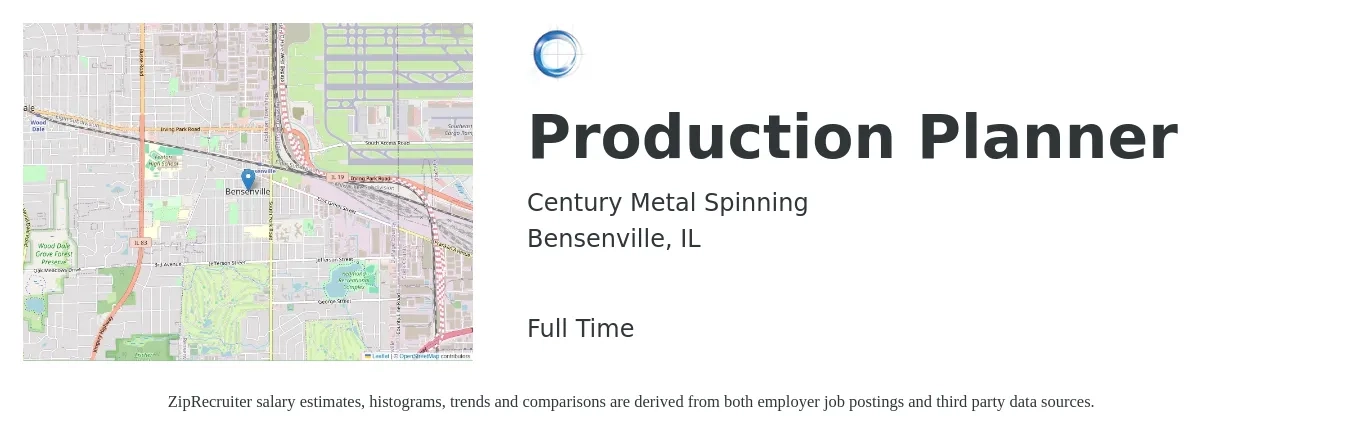 Century Metal Spinning job posting for a Production Planner in Bensenville, IL with a salary of $25 to $36 Hourly with a map of Bensenville location.