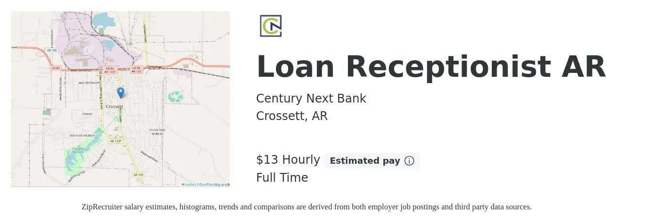 Century Next Bank job posting for a Loan Receptionist AR in Crossett, AR with a salary of $14 Hourly with a map of Crossett location.
