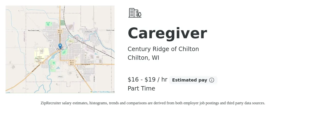 Century Ridge of Chilton job posting for a Caregiver in Chilton, WI with a salary of $17 to $20 Hourly with a map of Chilton location.