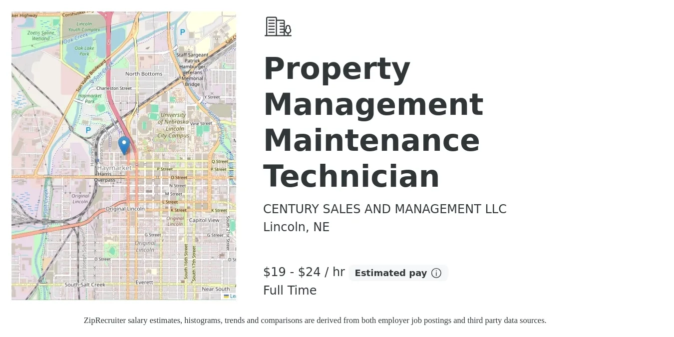 CENTURY SALES AND MANAGEMENT LLC job posting for a Property Management Maintenance Technician in Lincoln, NE with a salary of $20 to $25 Hourly with a map of Lincoln location.