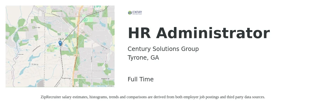 Century Solutions Group, Inc. job posting for a HR Administrator in Tyrone, GA with a salary of $60 Hourly with a map of Tyrone location.