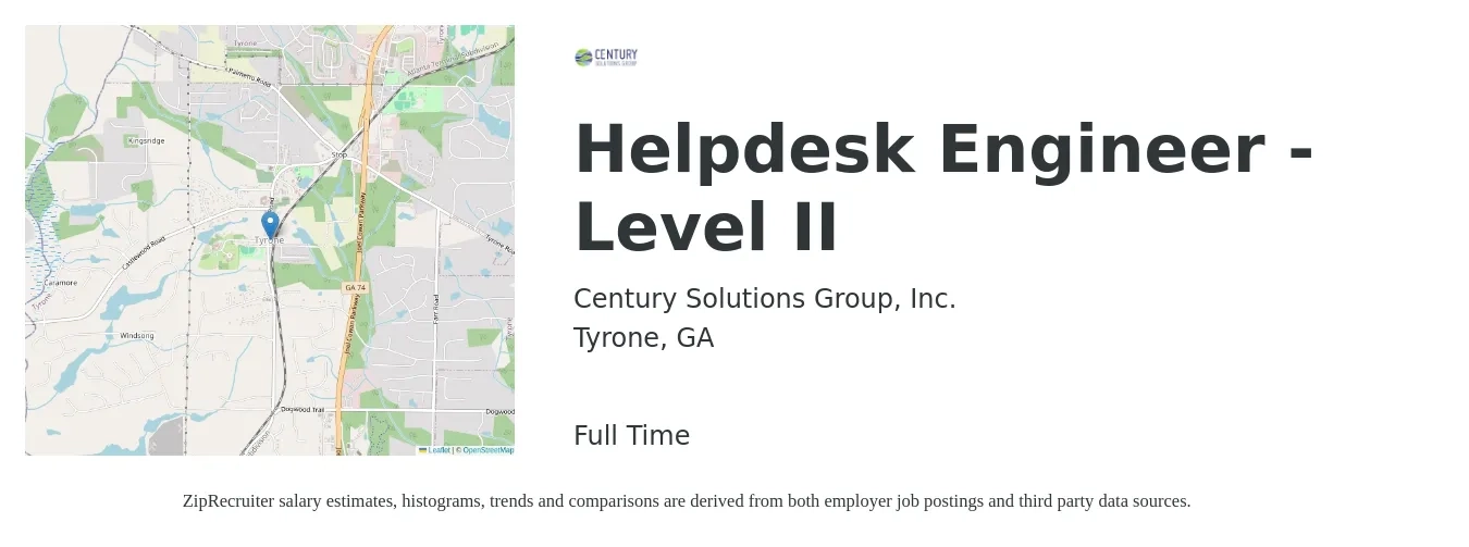 Century Solutions Group, Inc. job posting for a Helpdesk Engineer - Level II in Tyrone, GA with a salary of $70,000 Yearly with a map of Tyrone location.