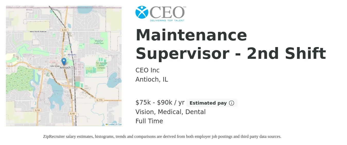 CEO Inc job posting for a Maintenance Supervisor - 2nd Shift in Antioch, IL with a salary of $75,000 to $90,000 Yearly and benefits including dental, life_insurance, medical, pto, retirement, and vision with a map of Antioch location.