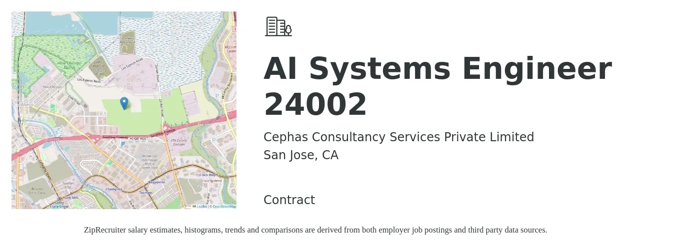 Cephas Consultancy Services Private Limited job posting for a AI Systems Engineer 24002 in San Jose, CA with a salary of $114,900 to $184,000 Yearly with a map of San Jose location.