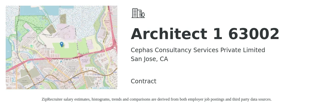Cephas Consultancy Services Private Limited job posting for a Architect 1 63002 in San Jose, CA with a salary of $284,800 Yearly with a map of San Jose location.