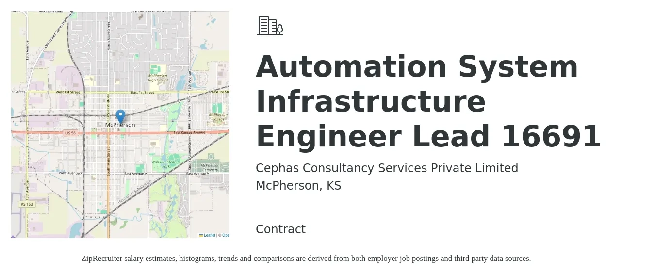 Cephas Consultancy Services Private Limited job posting for a Automation System Infrastructure Engineer Lead 16691 in McPherson, KS with a salary of $150,300 to $227,700 Yearly with a map of McPherson location.