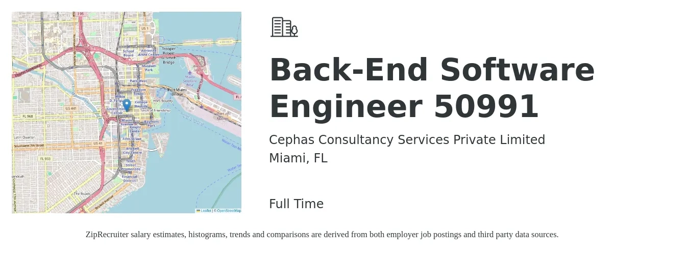 Cephas Consultancy Services Private Limited job posting for a Back-End Software Engineer 50991 in Miami, FL with a salary of $118,600 to $164,500 Yearly with a map of Miami location.