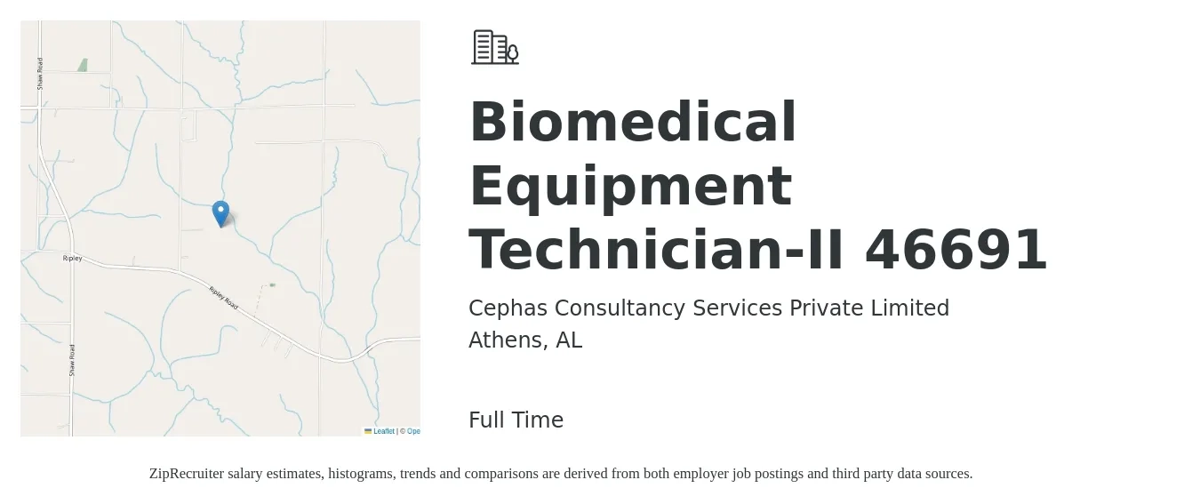 Cephas Consultancy Services Private Limited job posting for a Biomedical Equipment Technician-II 46691 in Athens, AL with a salary of $24 to $35 Hourly with a map of Athens location.