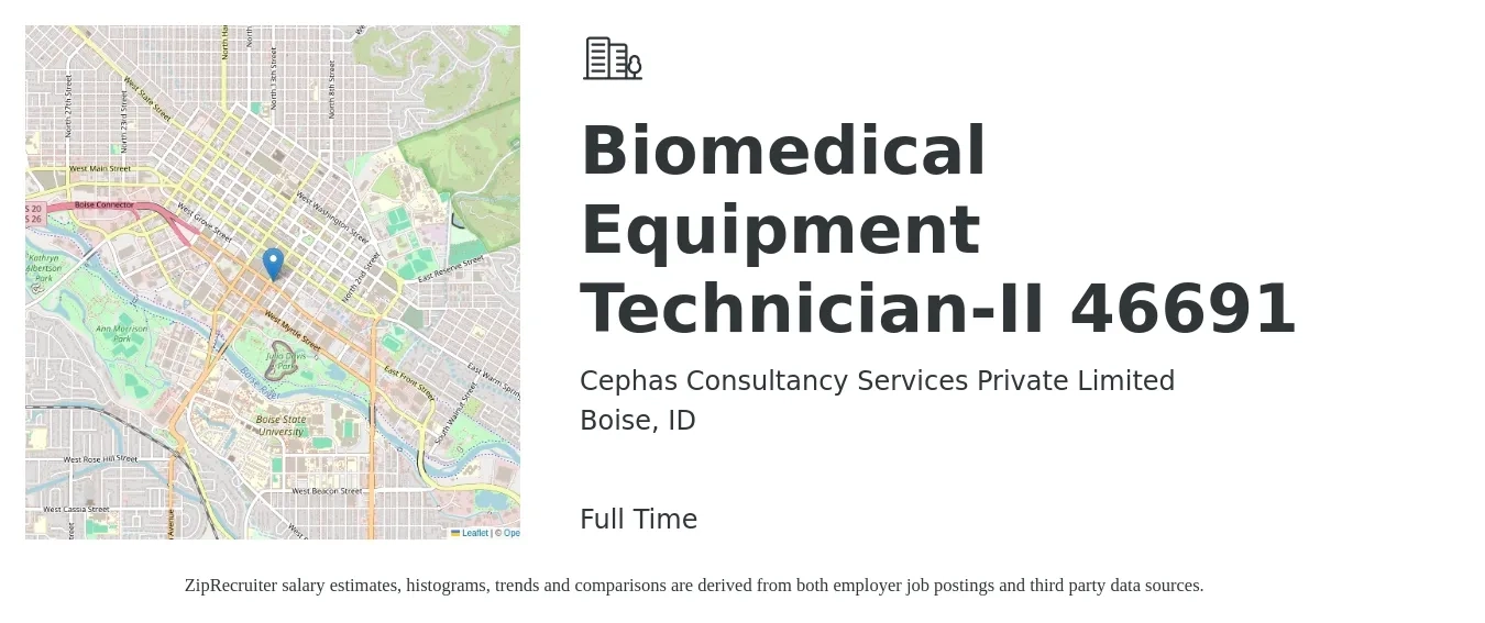 Cephas Consultancy Services Private Limited job posting for a Biomedical Equipment Technician-II 46691 in Boise, ID with a salary of $24 to $35 Hourly with a map of Boise location.