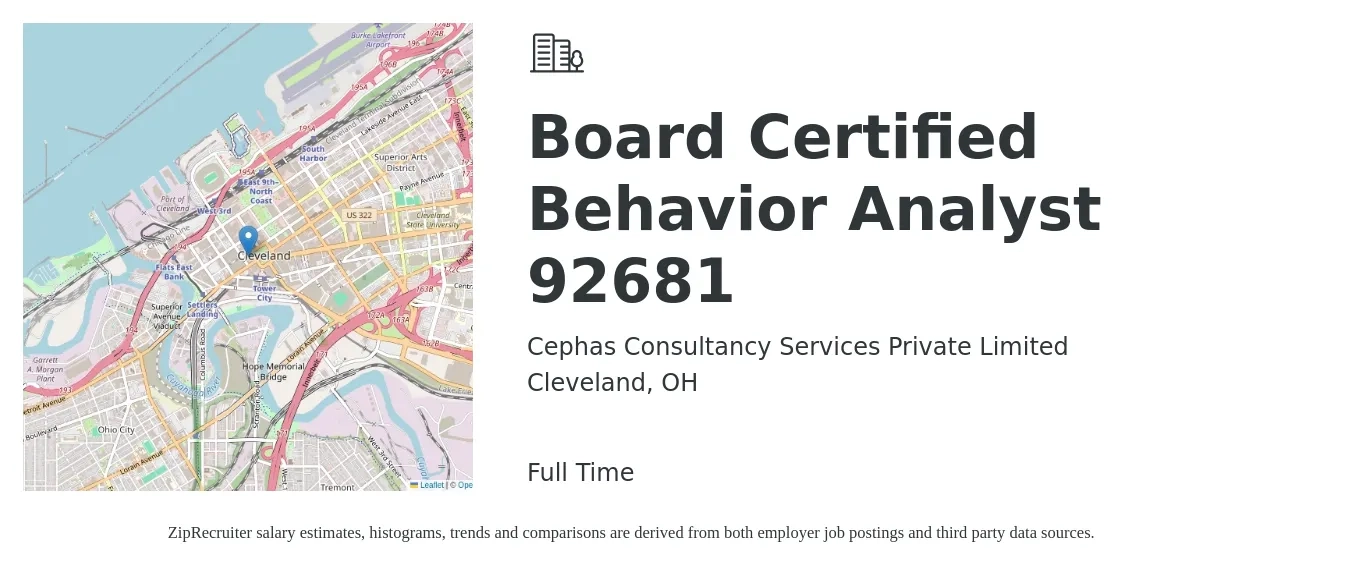 Cephas Consultancy Services Private Limited job posting for a Board Certified Behavior Analyst 92681 in Cleveland, OH with a salary of $71,800 to $87,800 Yearly with a map of Cleveland location.
